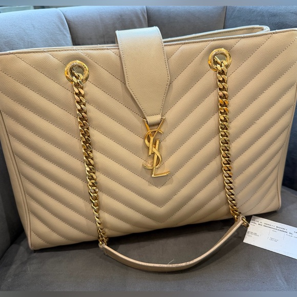 Reserved-Saint Laurent Monogram Shopper Tote Bag Quilted Tan - Picture 3 of 17